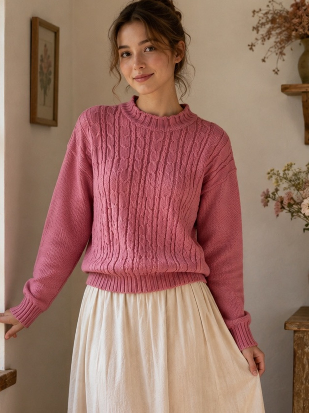 Cotton Blend Pink Cable Knit Sweater | Cottagecore Vintage Buttermom M-L